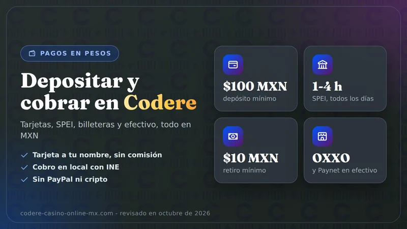 Tarjeta de Codere con los datos clave de depósito y retiro en pesos